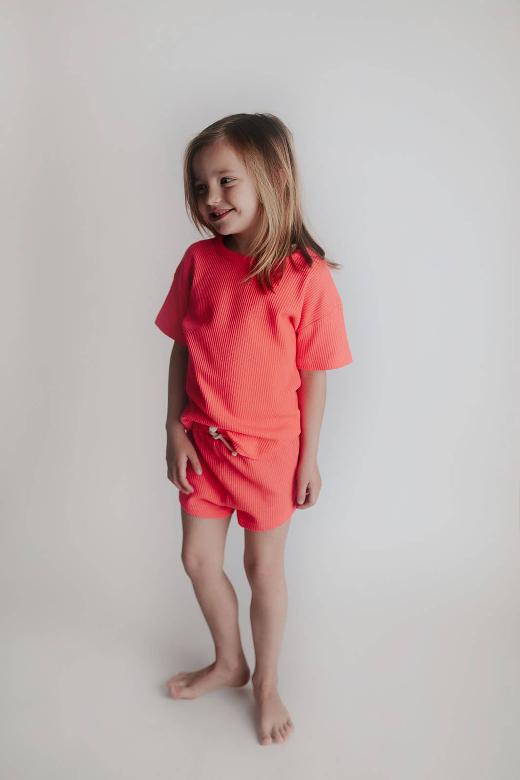 Waffle knit Neon Pink Summer Shorts Set