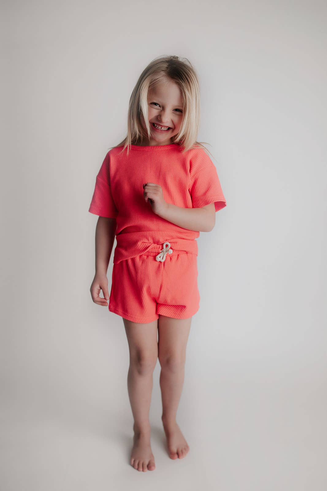 Waffle knit Neon Pink Summer Shorts Set