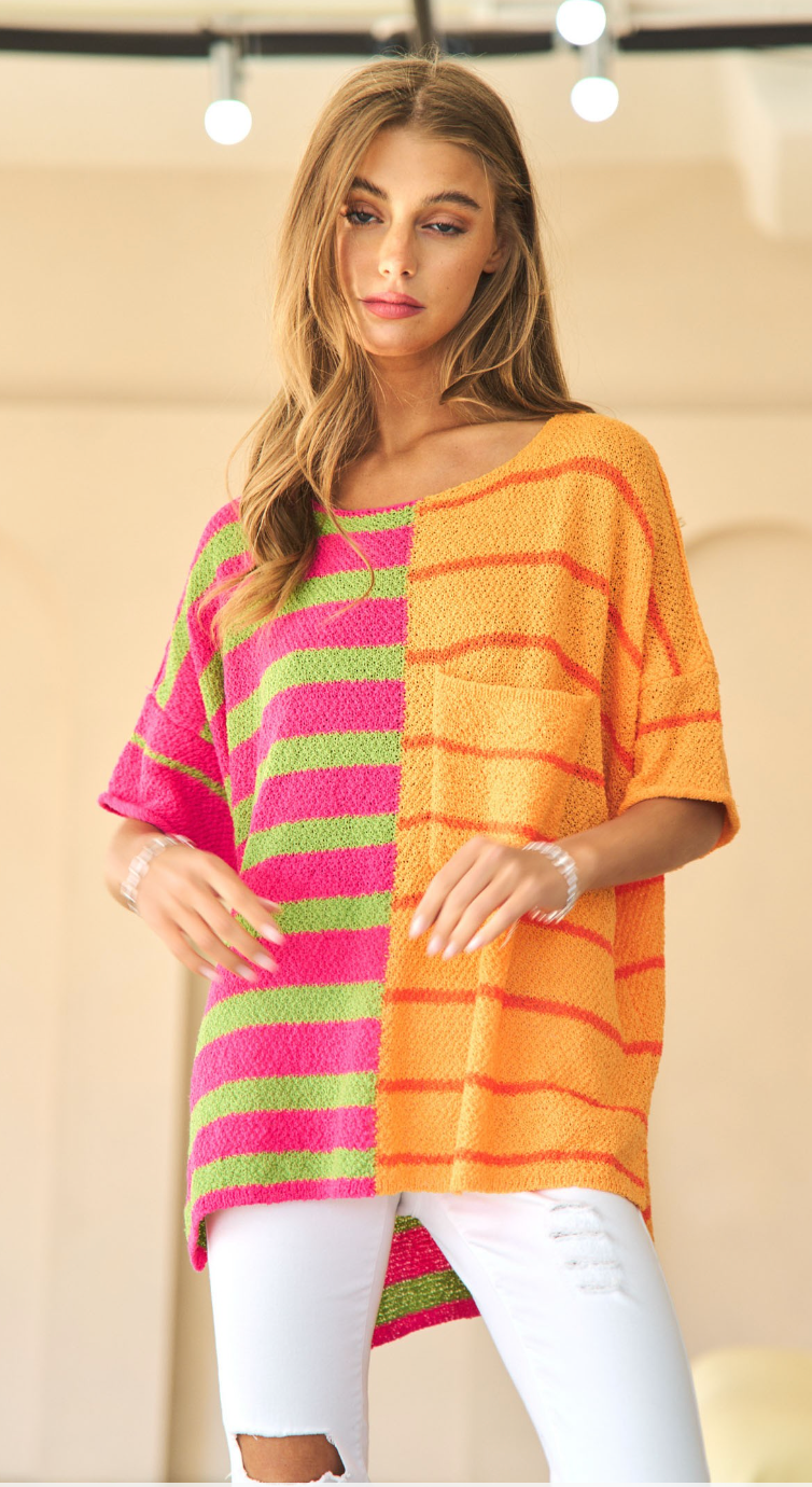 STRIPED MULTI COLOR SHORT SLEEVES SWEATER TOP