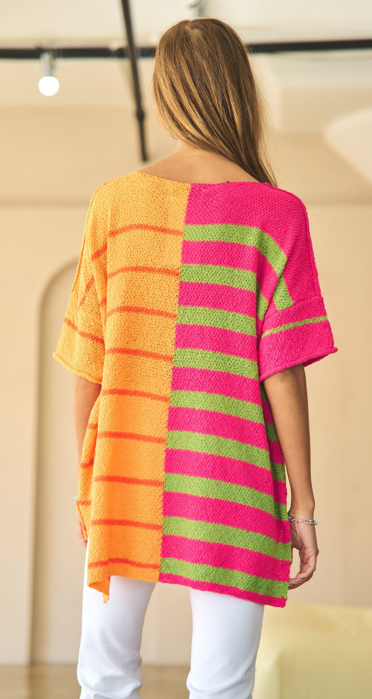 STRIPED MULTI COLOR SHORT SLEEVES SWEATER TOP