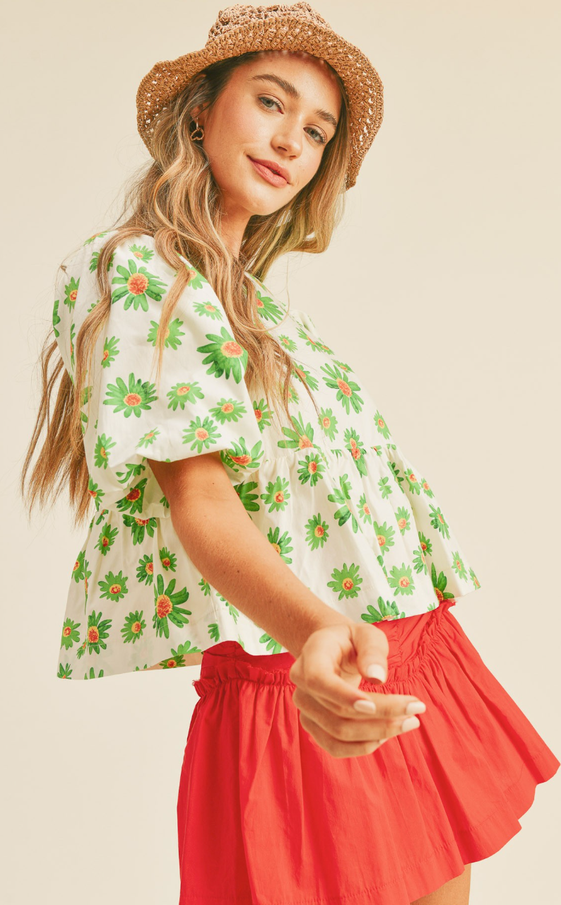 Floral Bubble Sleeve Babydoll Top