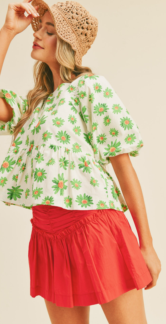 Floral Bubble Sleeve Babydoll Top