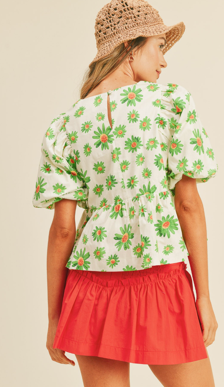 Floral Bubble Sleeve Babydoll Top