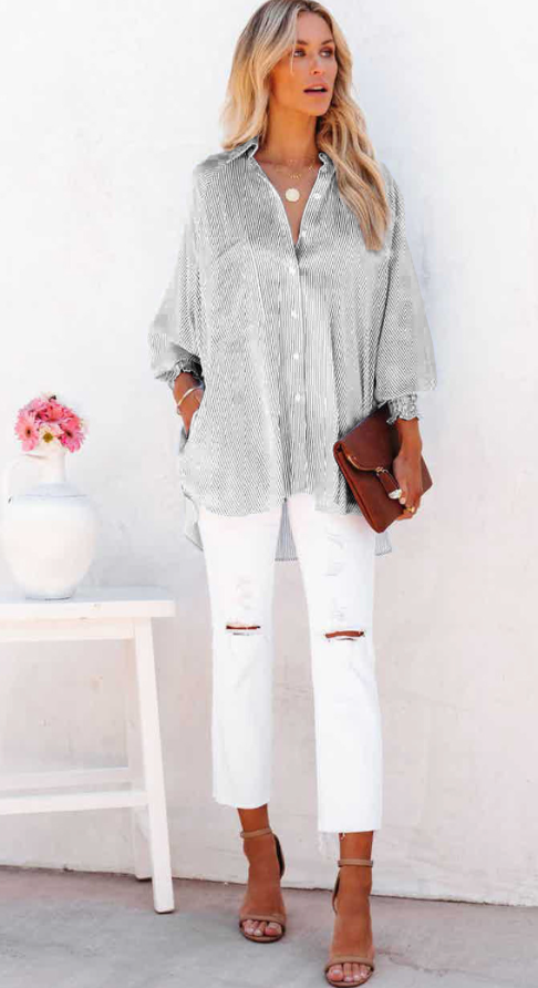 Black Striped Casual Shirred Cuffs Shirt