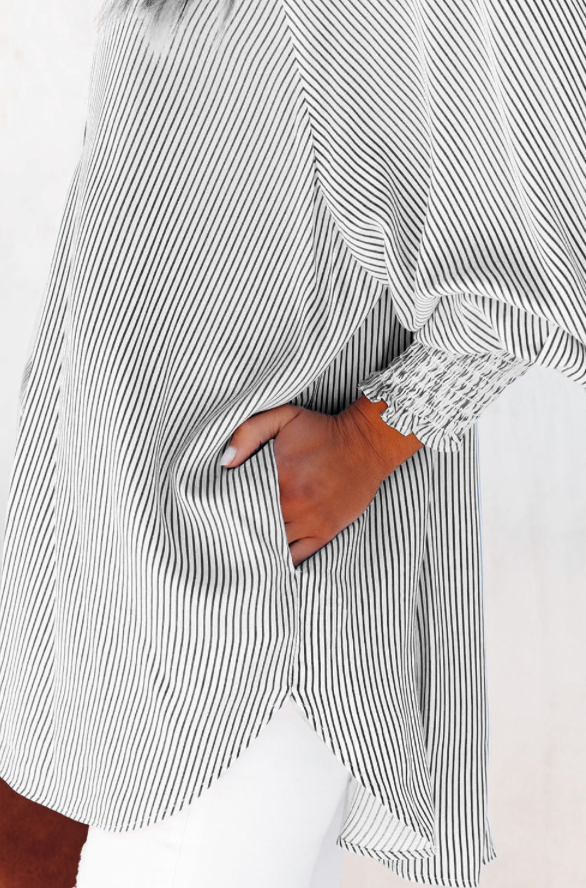 Black Striped Casual Shirred Cuffs Shirt