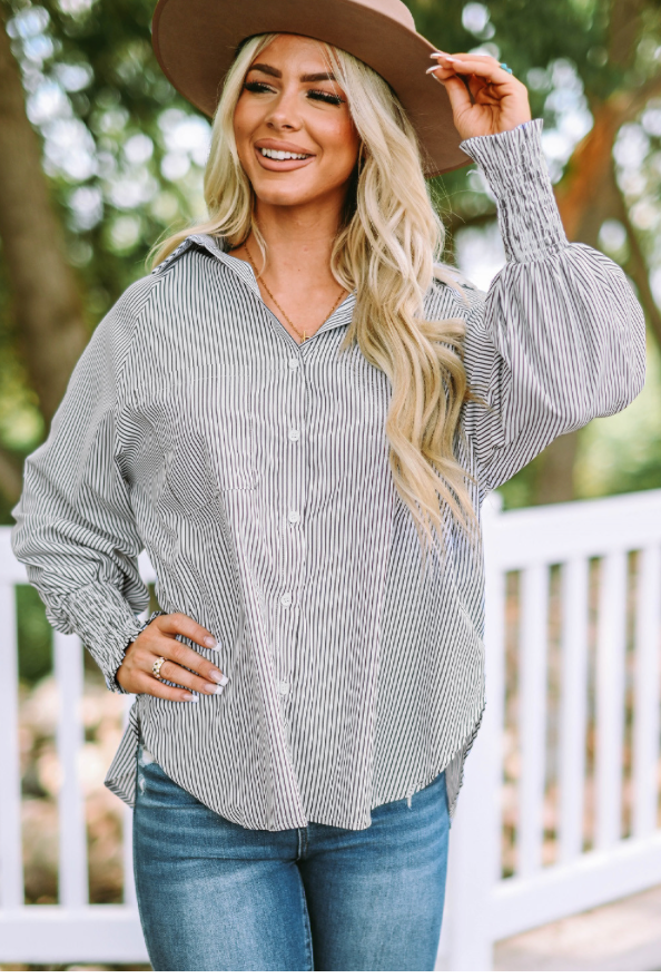 Black Striped Casual Shirred Cuffs Shirt