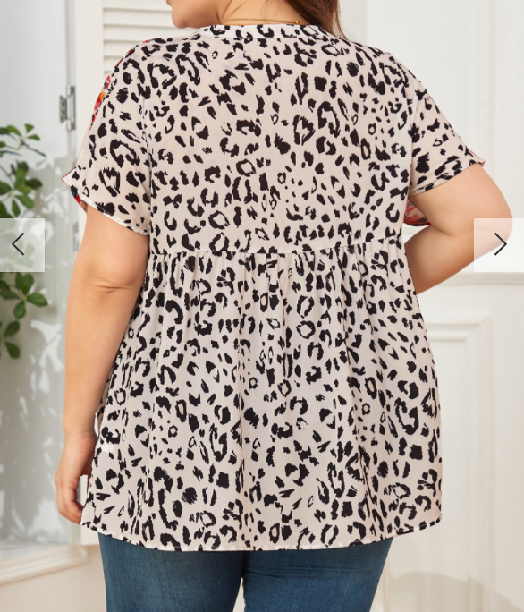 Boho Plus Size Leopard Print Short Sleeve Blouse