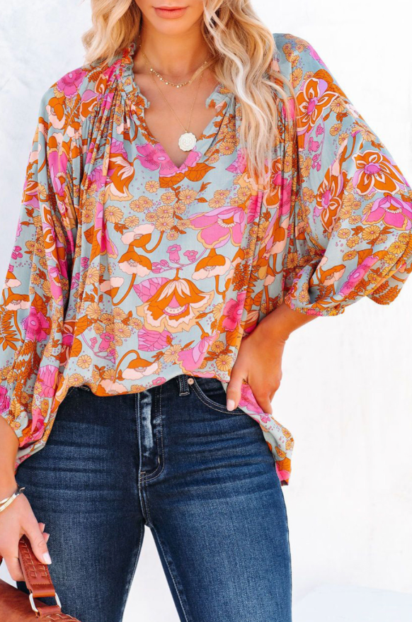 Light Blue Floral V Neck Blouse