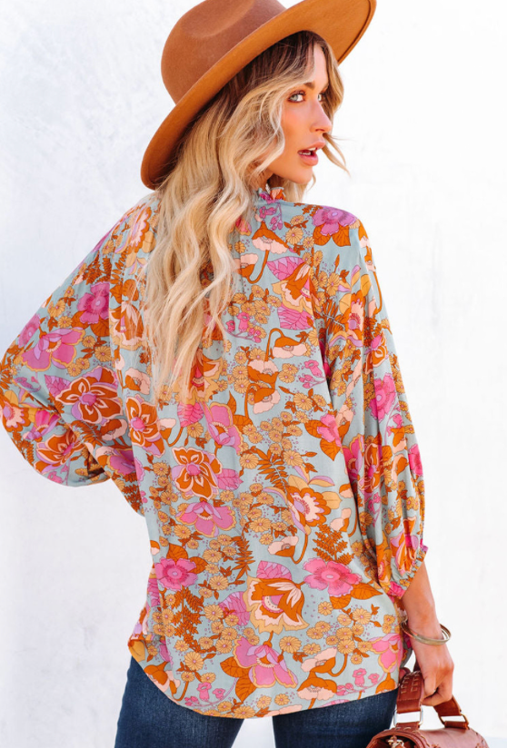 Light Blue Floral V Neck Blouse