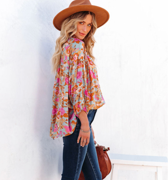 Light Blue Floral V Neck Blouse