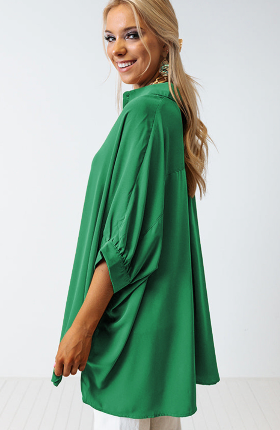 Green 3/4 Batwing Sleeve Oversize Button Up Shirt