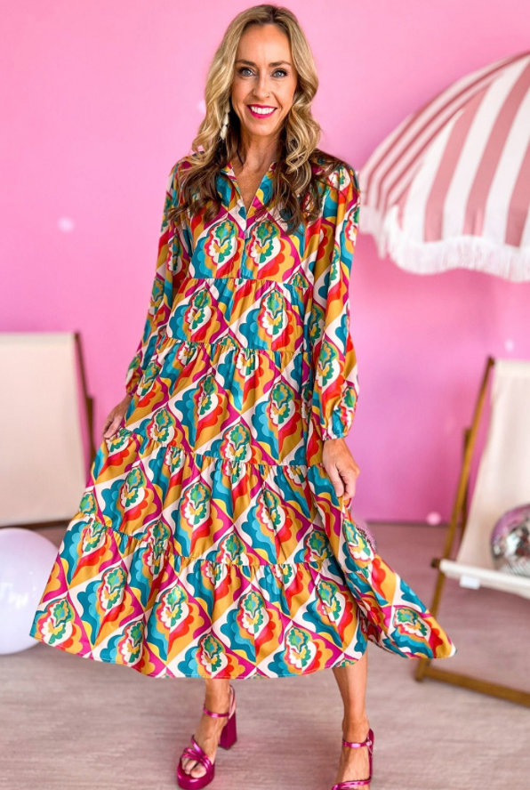 Multicolor Geometric Tiered Boho Dress