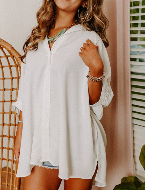 White 3/4 Batwing Sleeve Oversize Button Up Shirt