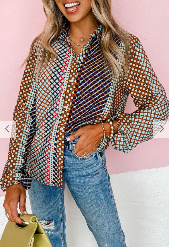 Brown Patterned Long Sleeve Button Down Shirt