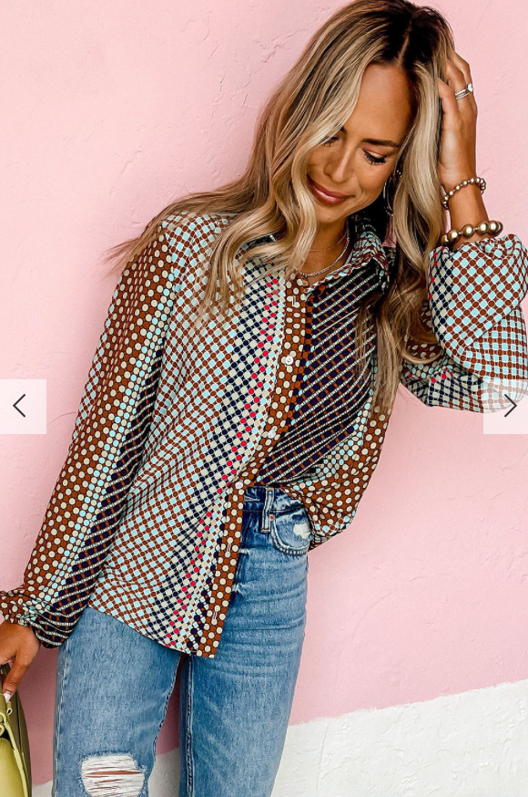 Brown Patterned Long Sleeve Button Down Shirt