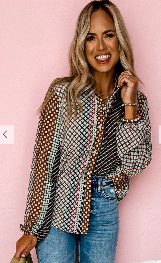 Brown Patterned Long Sleeve Button Down Shirt