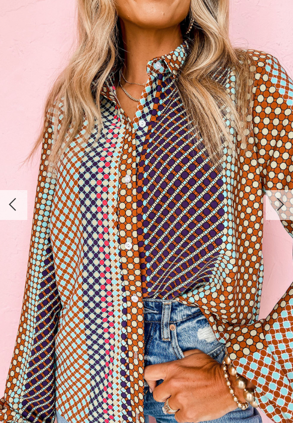 Brown Patterned Long Sleeve Button Down Shirt