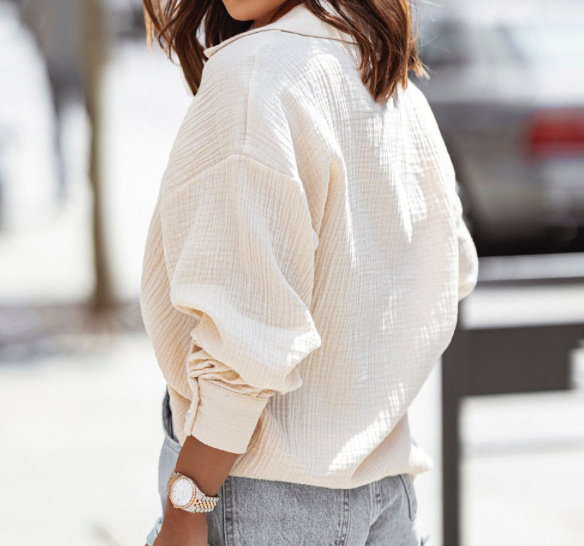 Beige Crinkled Collared Long Sleeve Shirt