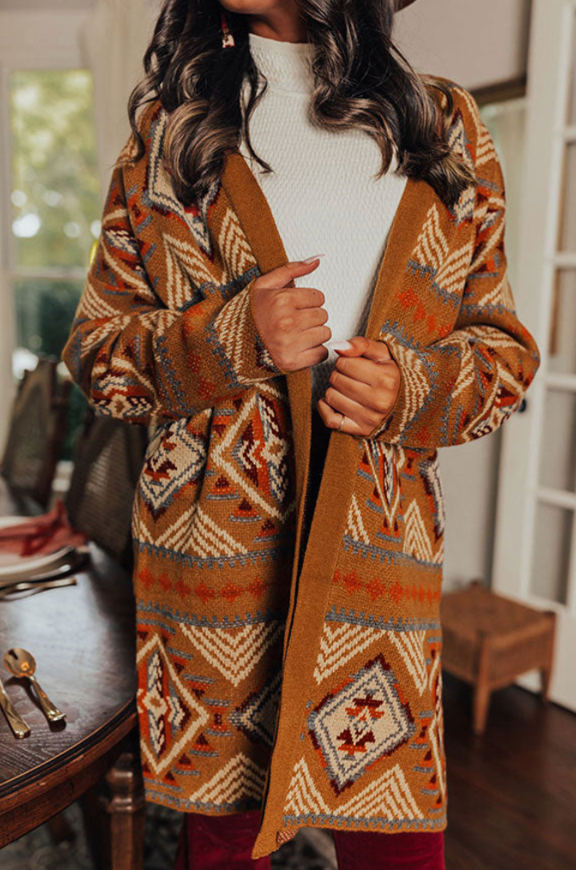 Brown Geometric Pattern Knit Open Front Long Cardigan