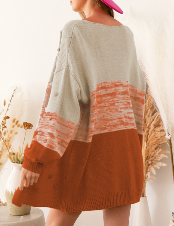 Brown Color Block Pompom Cardigan Sweater