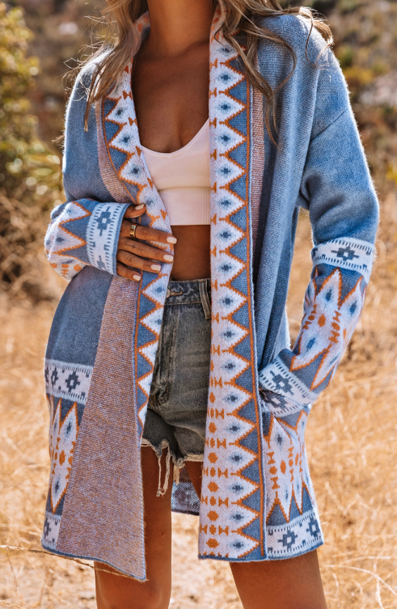 Blue Aztec Print Knit Cardigan