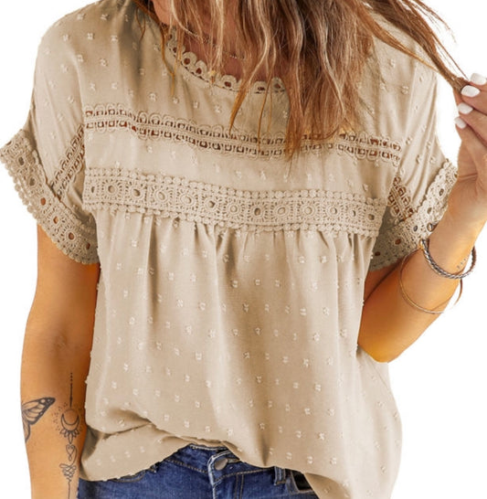 Beige Swiss Dot Crochet Eyelet Blouse