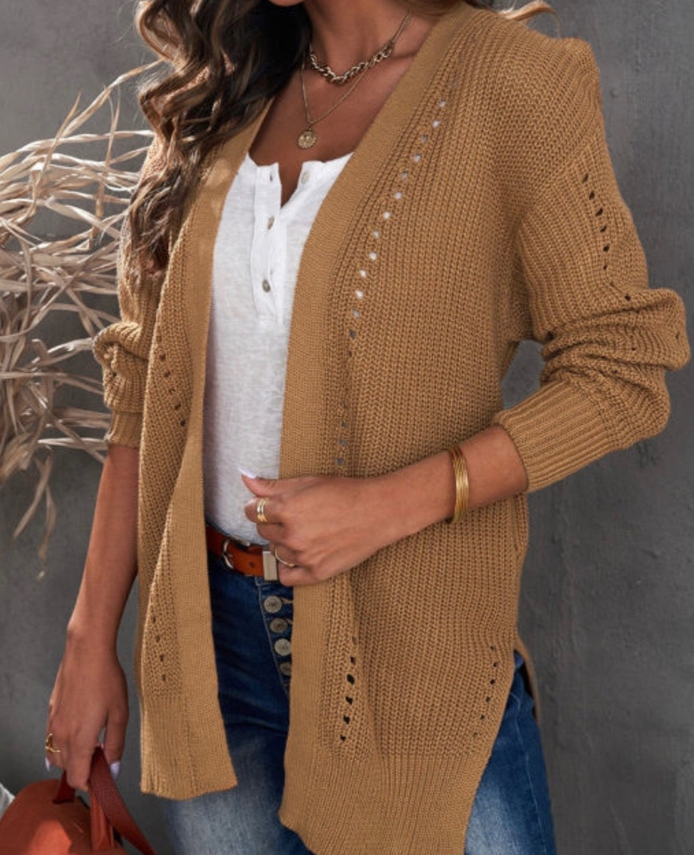 Khaki Fall Long Sleeve Long Cardigan Sweater