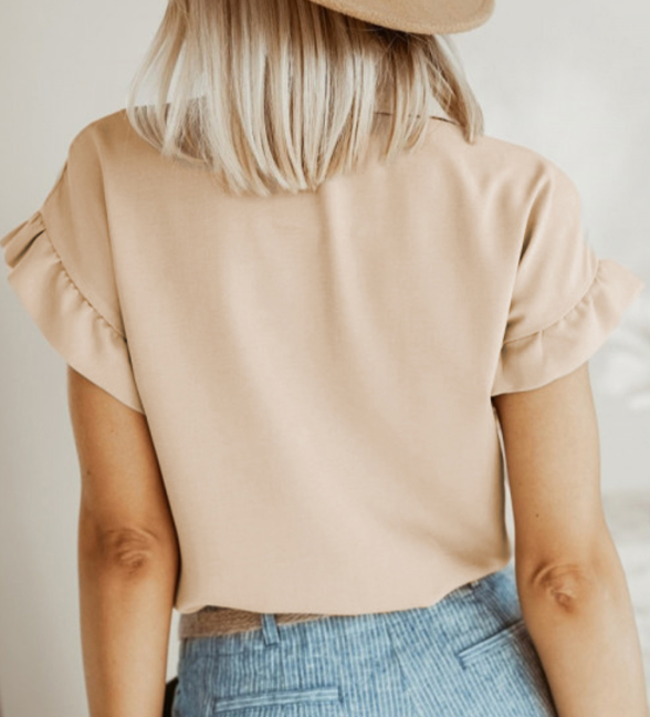 Khaki Solid Ruffle Short Sleeve Button Up Shirt