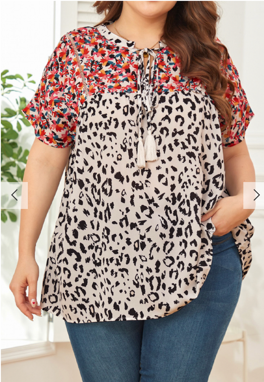 Boho Plus Size Leopard Print Short Sleeve Blouse