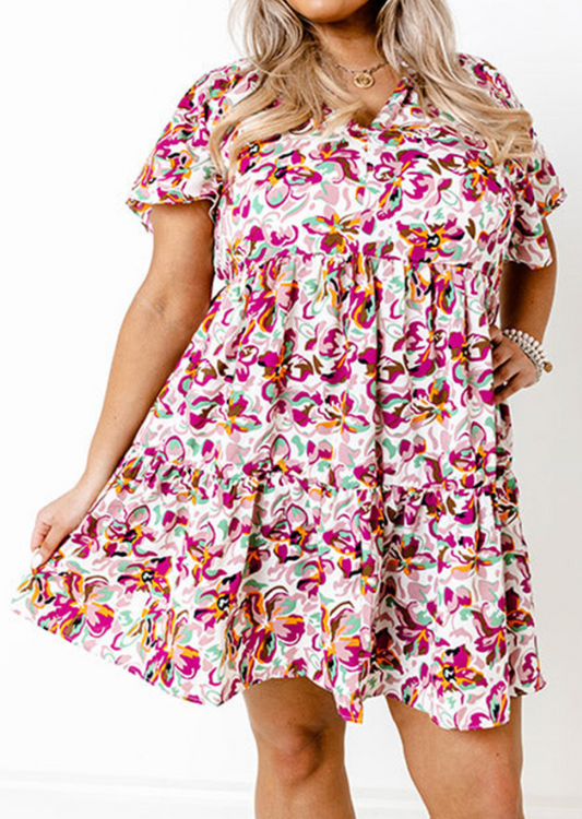 Multicolor Plus Size Floral Print Short Sleeve Ruffle Shift Dress