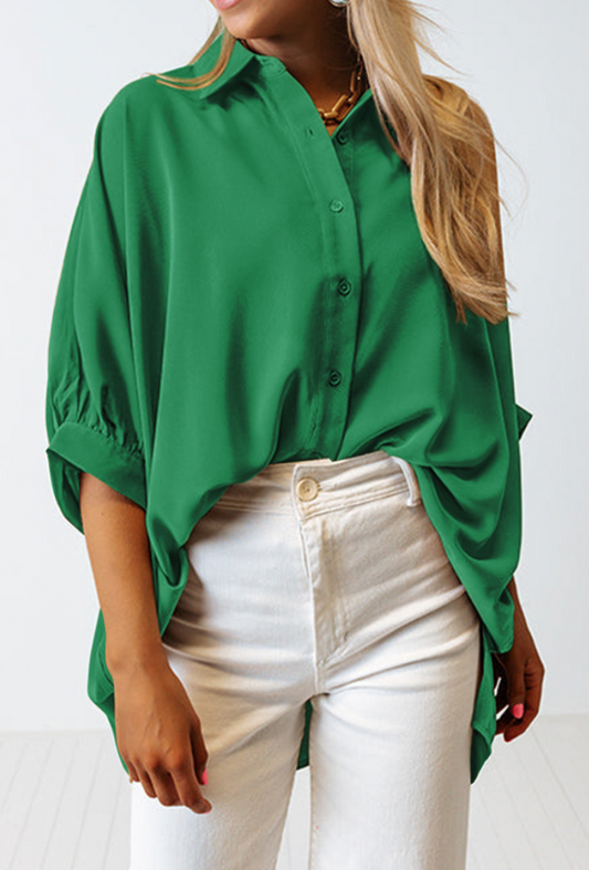 Green 3/4 Batwing Sleeve Oversize Button Up Shirt