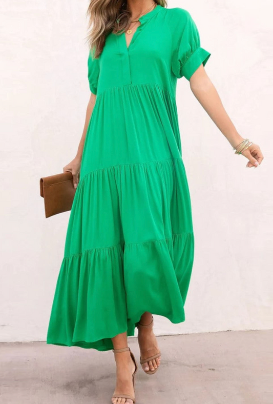 Green Notch V Neck Bubble Sleeve Tiered Maxi Dress