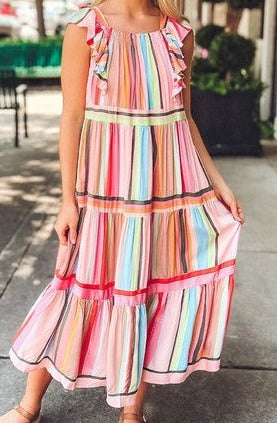 Rainbow Stripe Tiered Maxi Dress