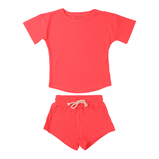 Waffle knit Neon Pink Summer Shorts Set